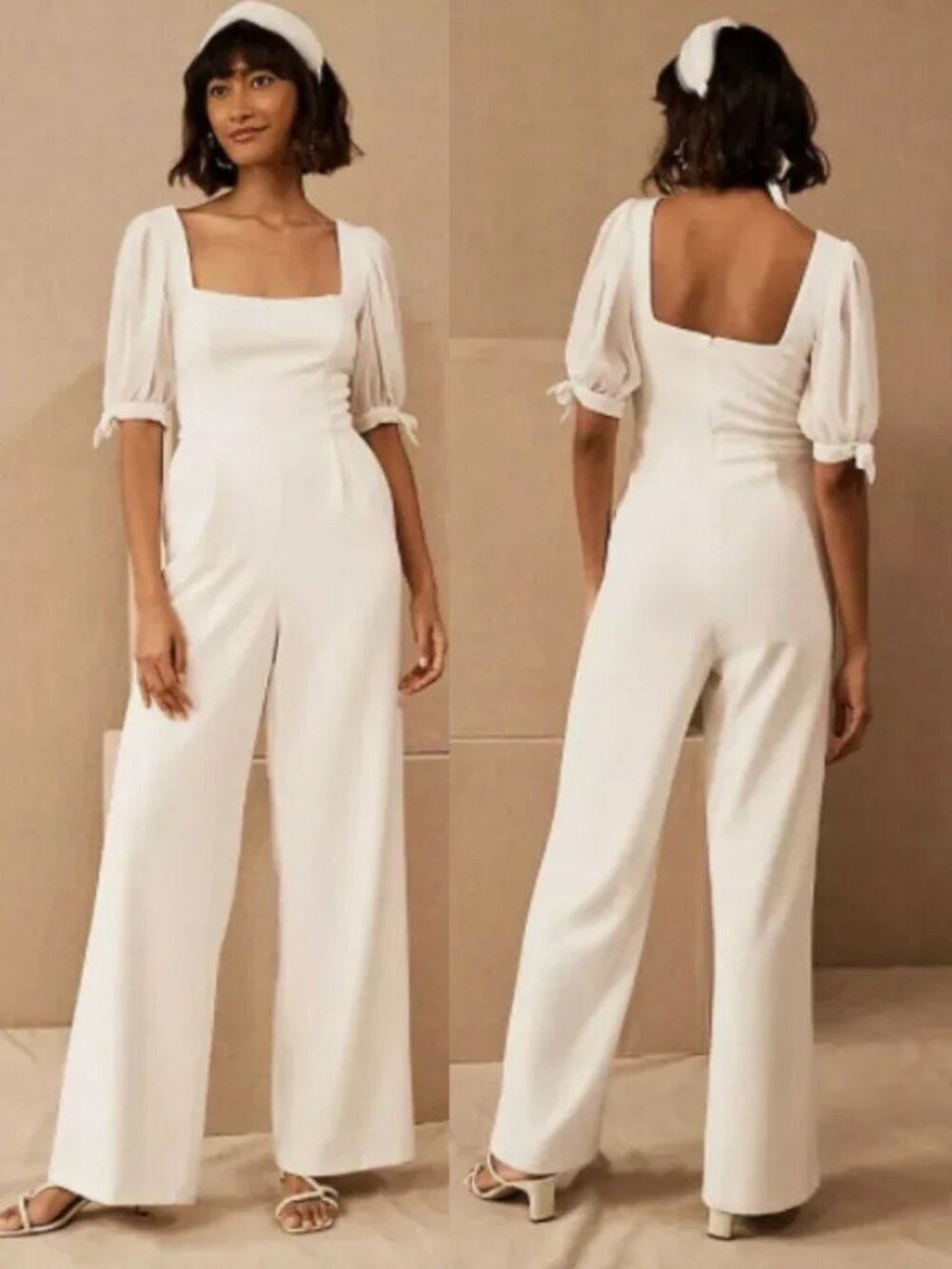 BHLDN Bailey Jumpsuit Size 10 White Square Neck Chiffon Short Sleeve Bridal $220